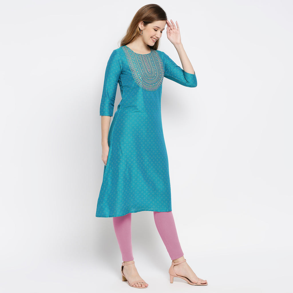 Women Turquoise Polystaple Embroidered Kurta