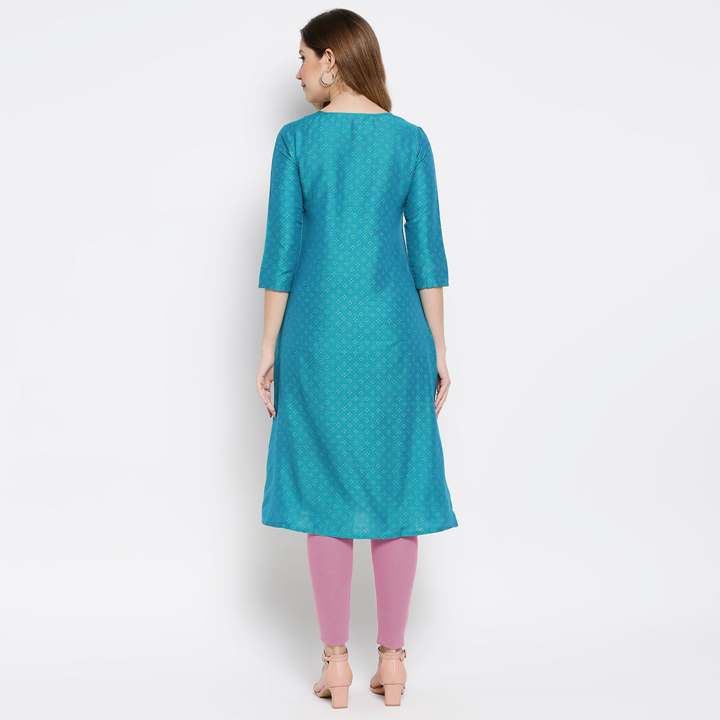 Women Turquoise Polystaple Embroidered Kurta