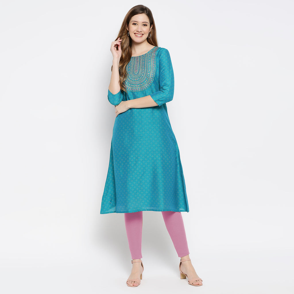 Women Turquoise Polystaple Embroidered Kurta