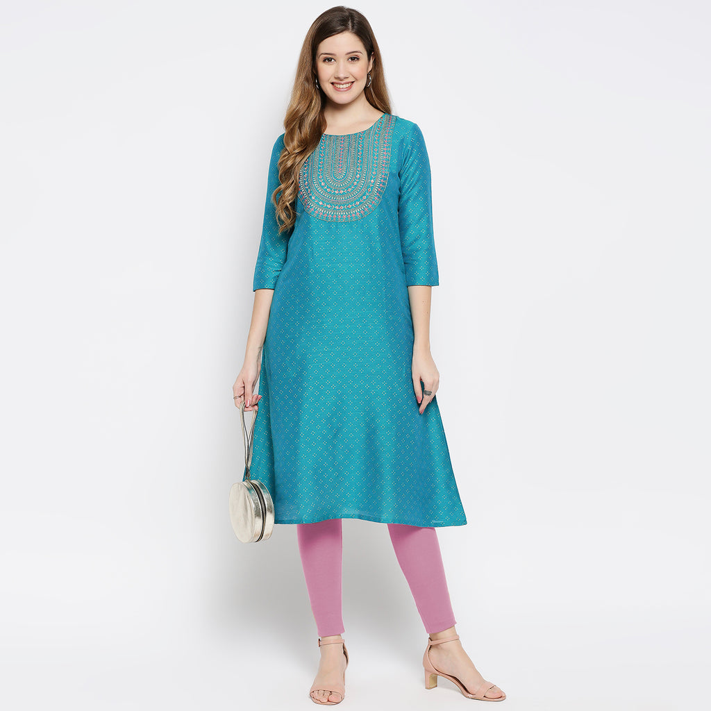 Women Turquoise Polystaple Embroidered Kurta