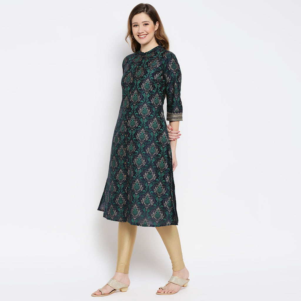 Women Navy Polystaple Printed Kurta