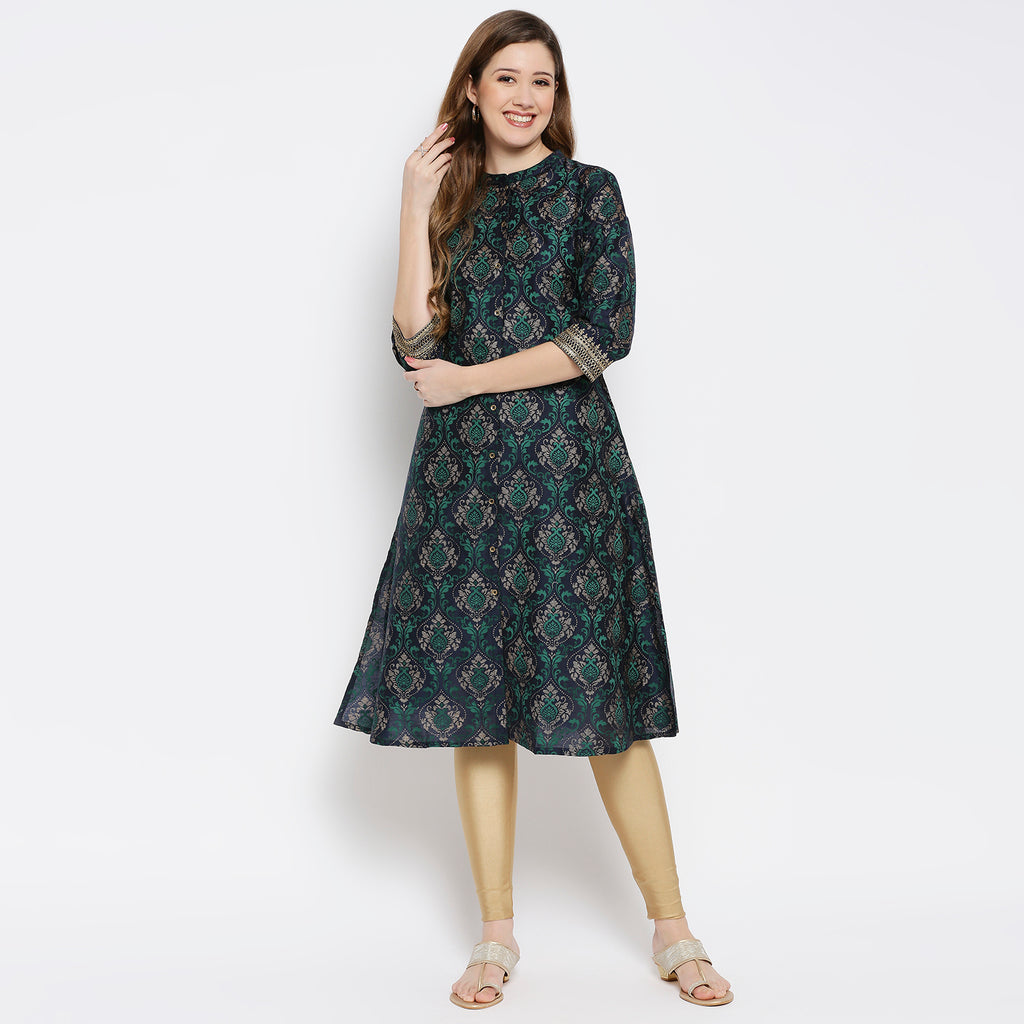 Women Navy Polystaple Printed Kurta