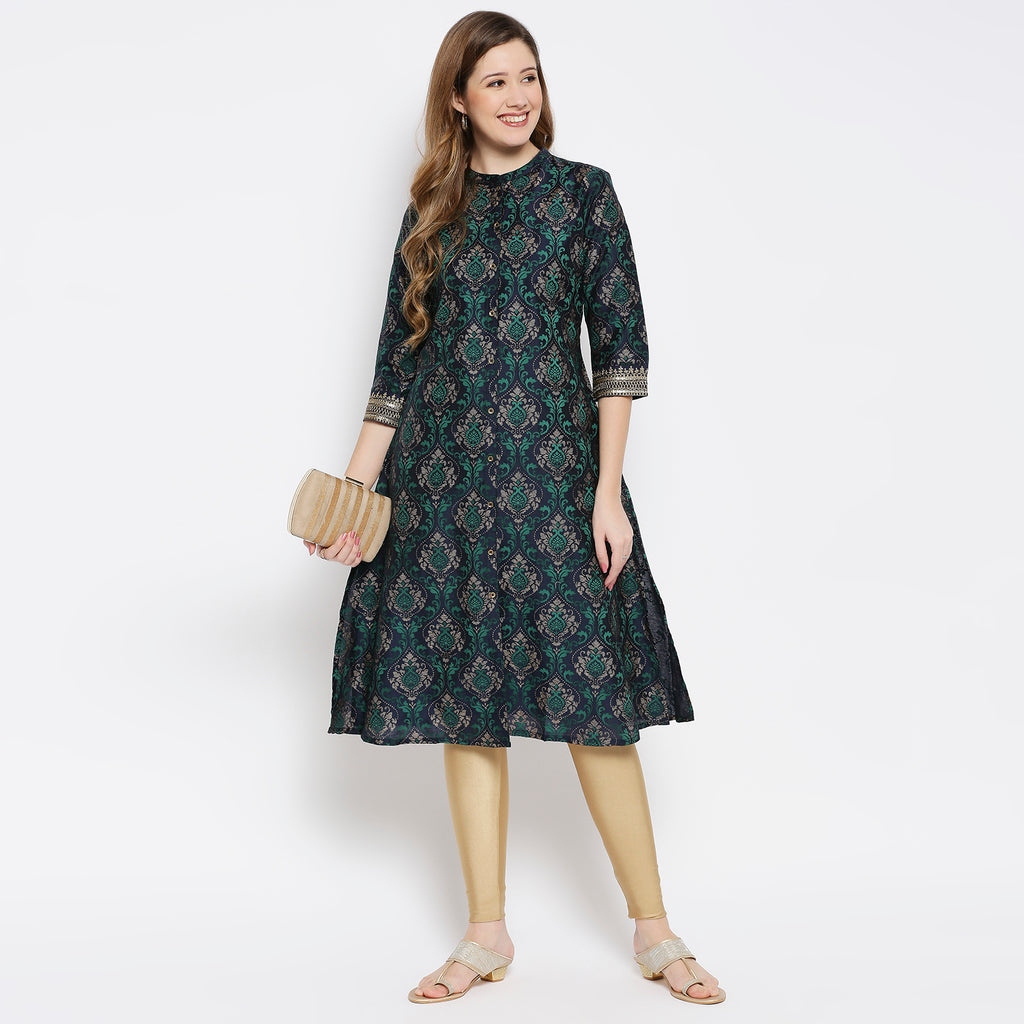 Women Navy Polystaple Printed Kurta