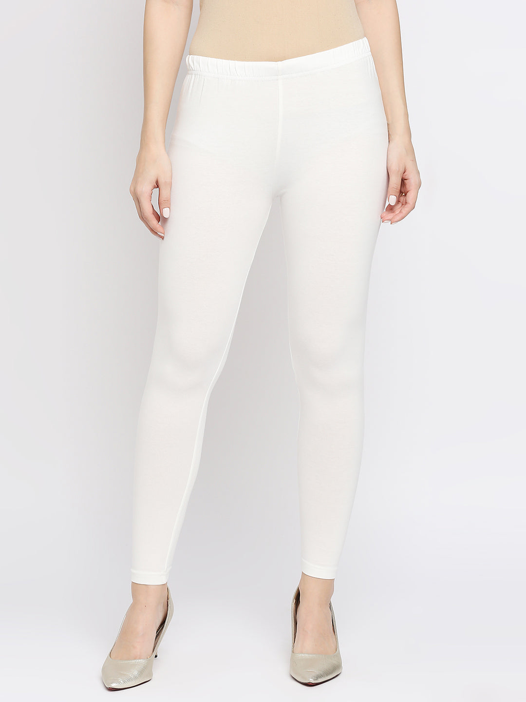 Women's Off White Cotton Lycra Solid Leggings