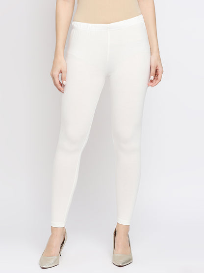 Women's Off White Cotton Lycra Solid Leggings
