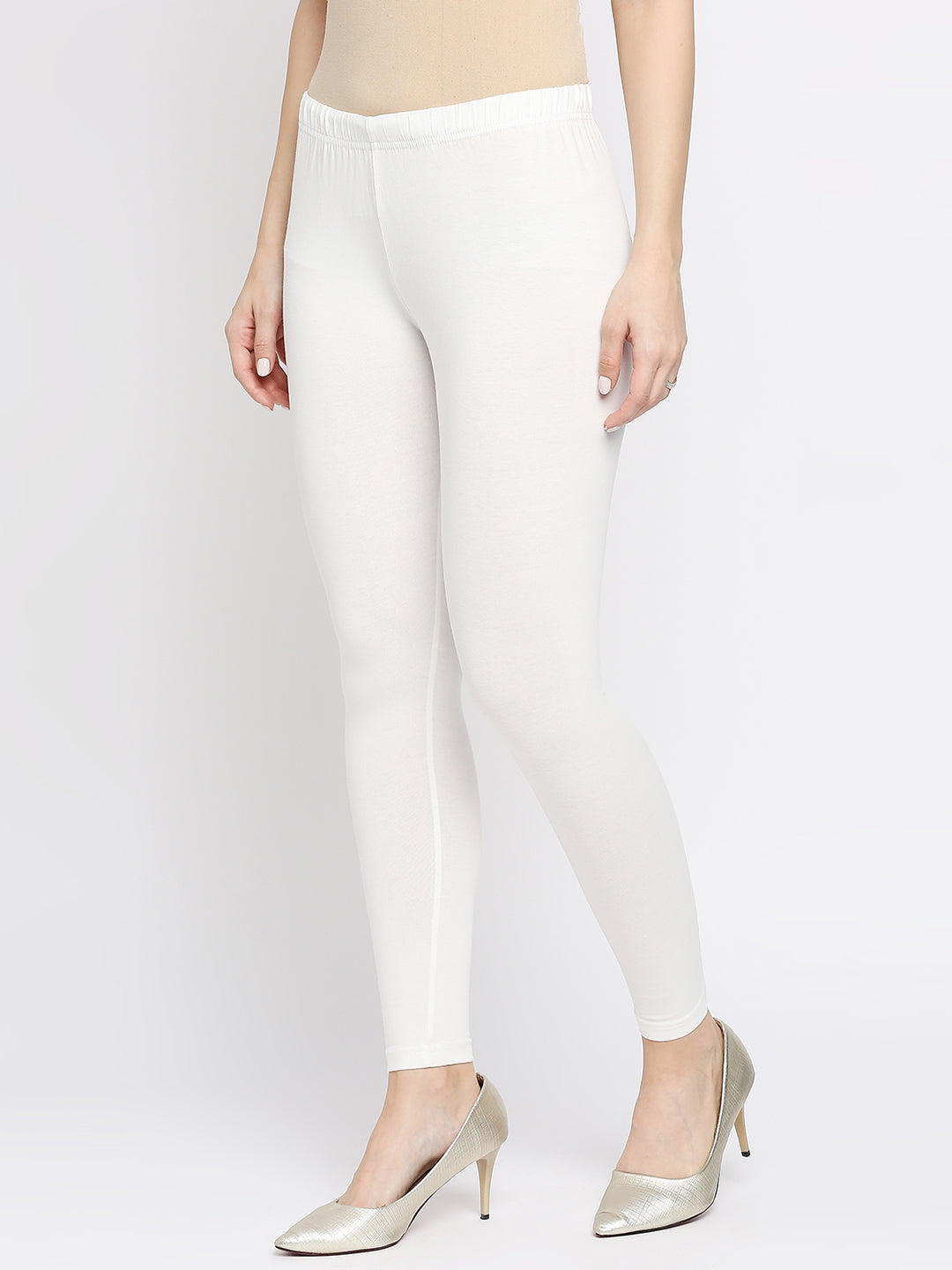 Women's Off White Cotton Lycra Solid Leggings