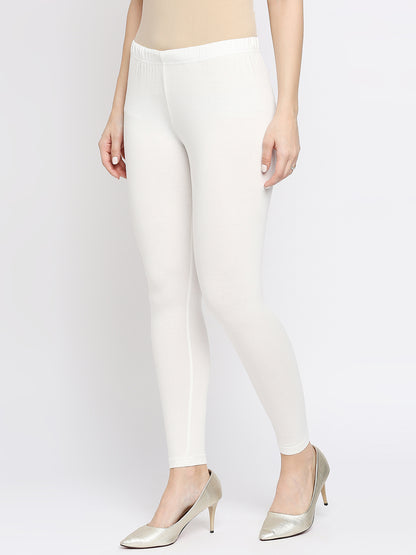 Women's Off White Cotton Lycra Solid Leggings