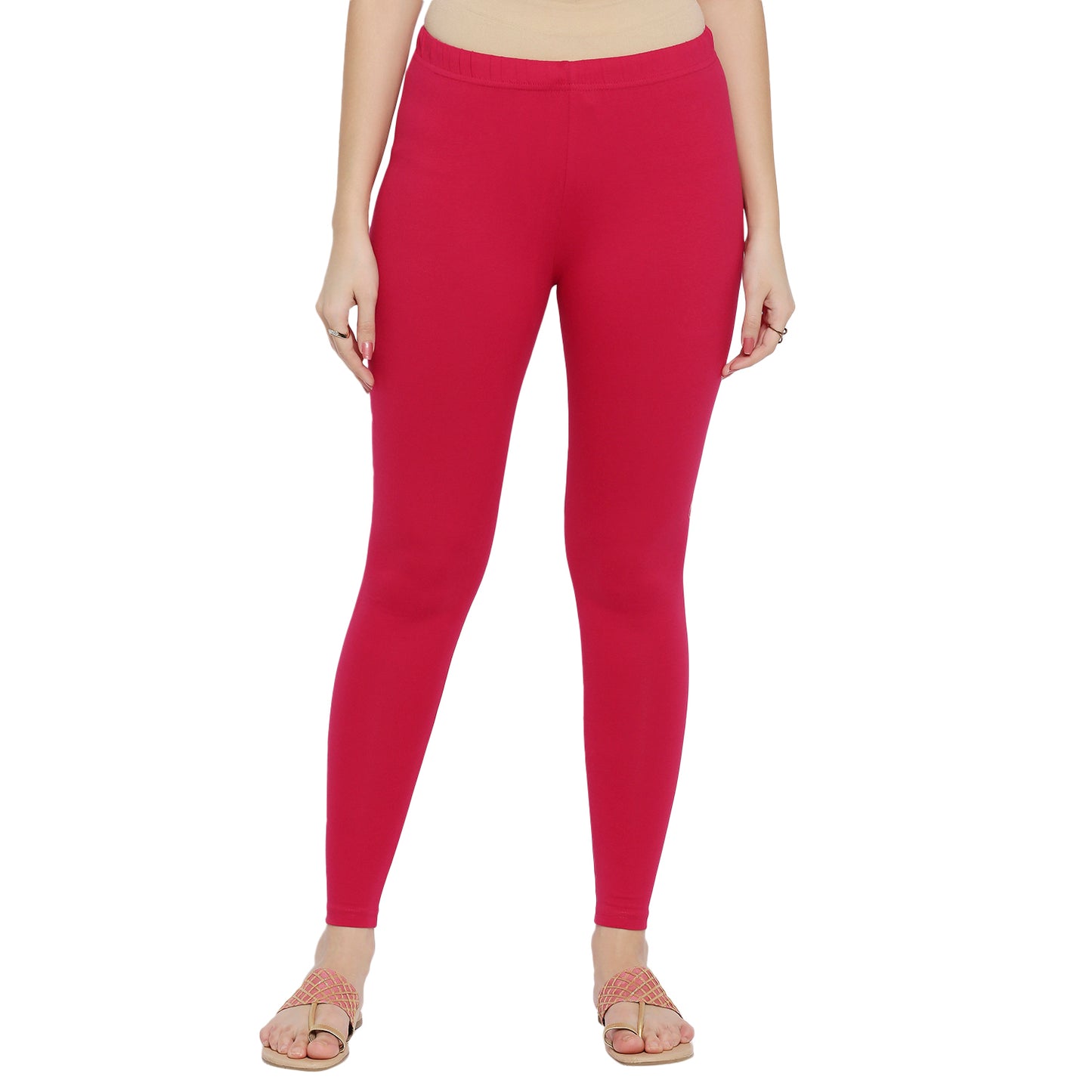 Women Bright Pink Cotton Lycra Solid Leggings