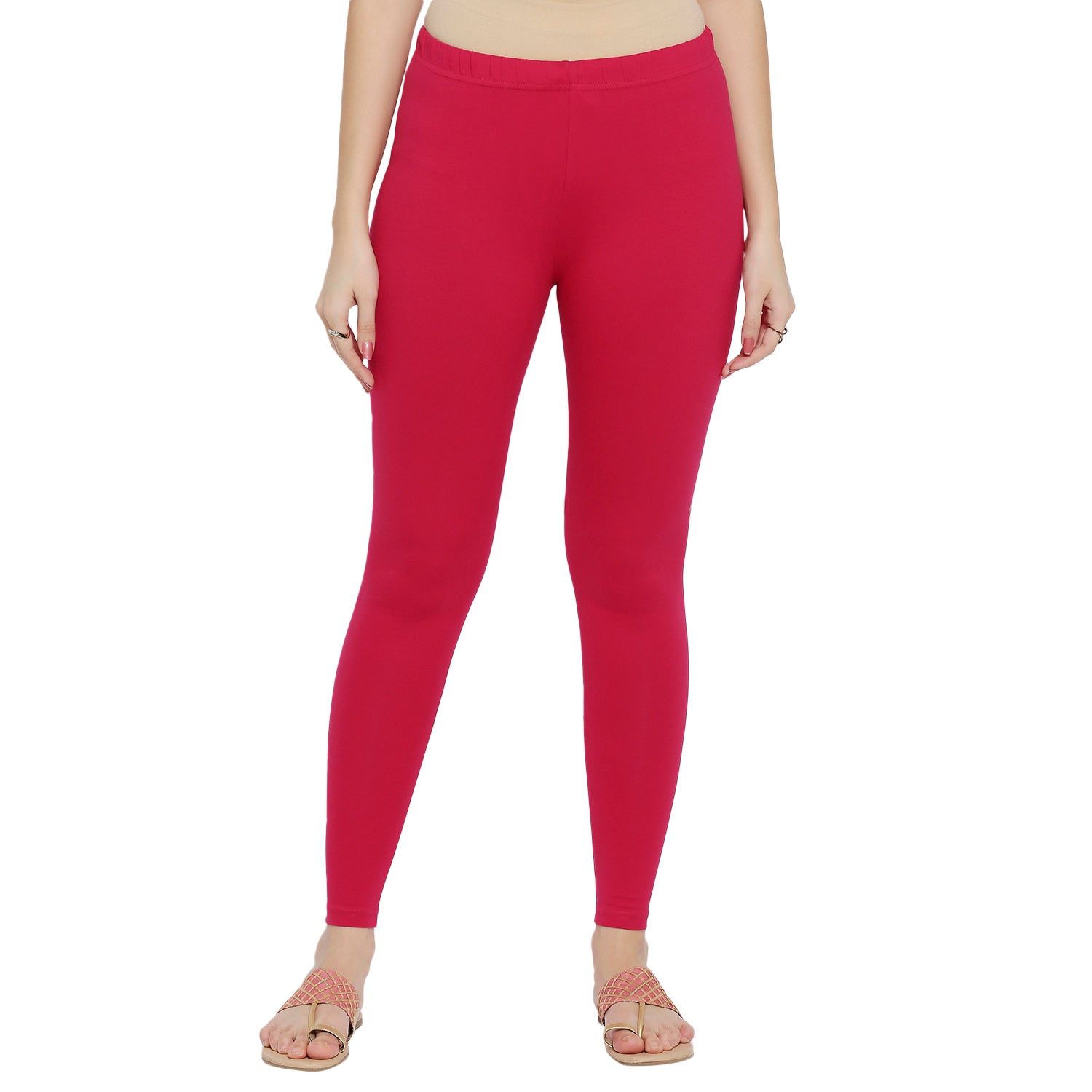 Women Bright Pink Cotton Lycra Solid Leggings