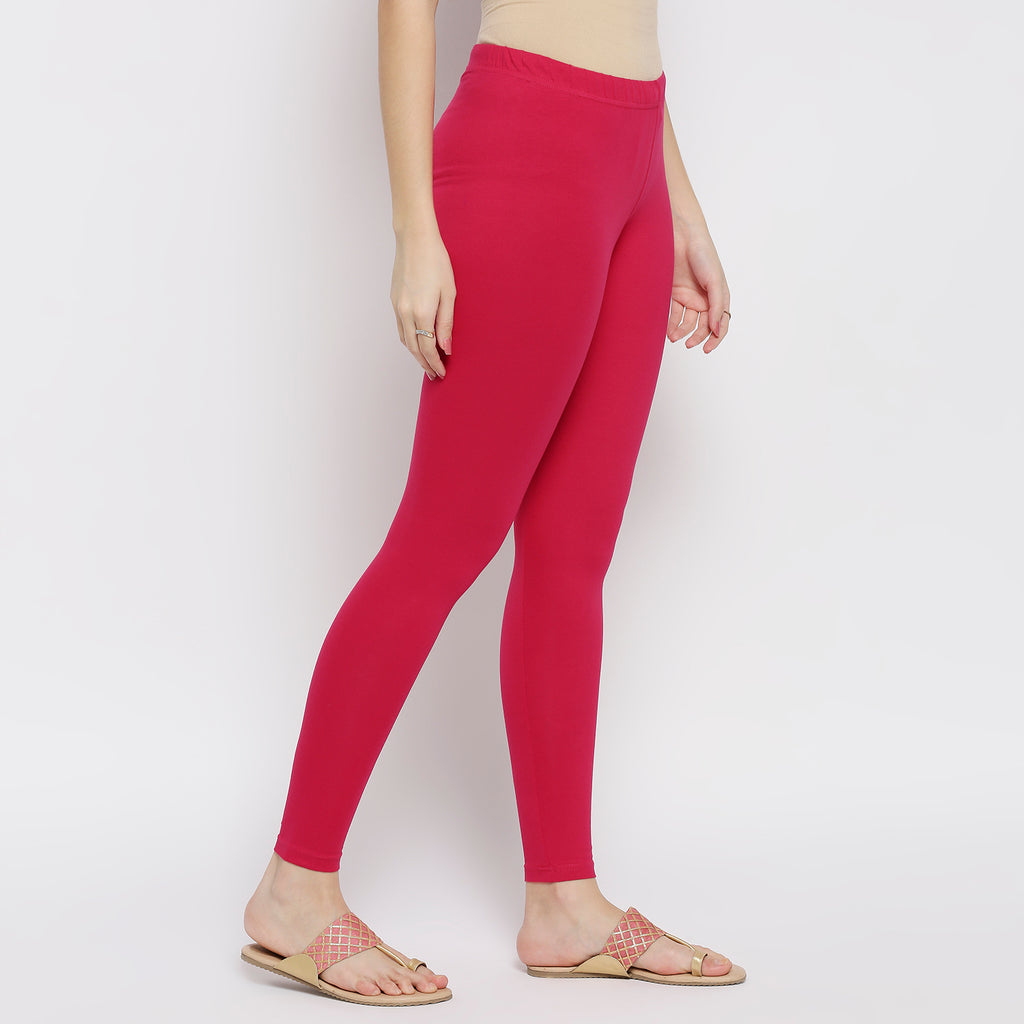 Women Bright Pink Cotton Lycra Solid Leggings