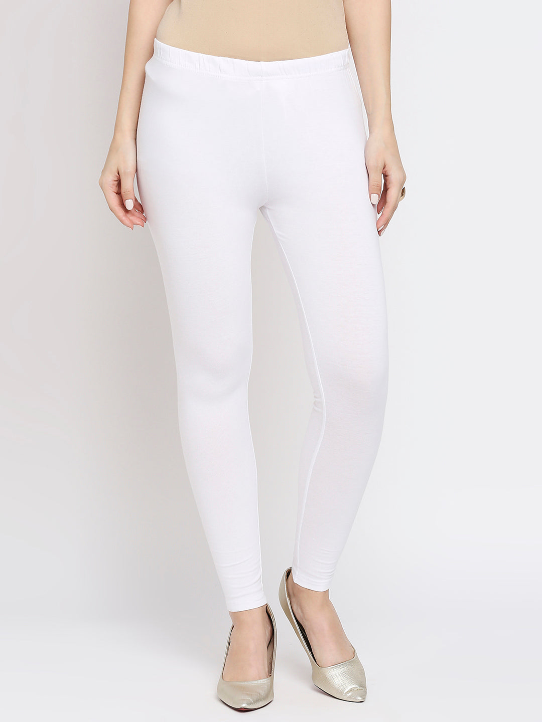 Women's White Cotton Lycra Solid Leggings