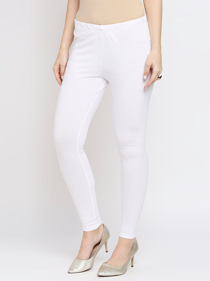 Women's White Cotton Lycra Solid Leggings