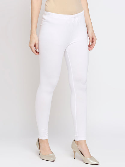 Women's White Cotton Lycra Solid Leggings