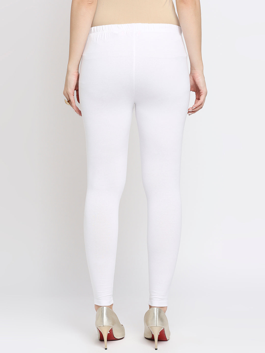 Women's White Cotton Lycra Solid Leggings
