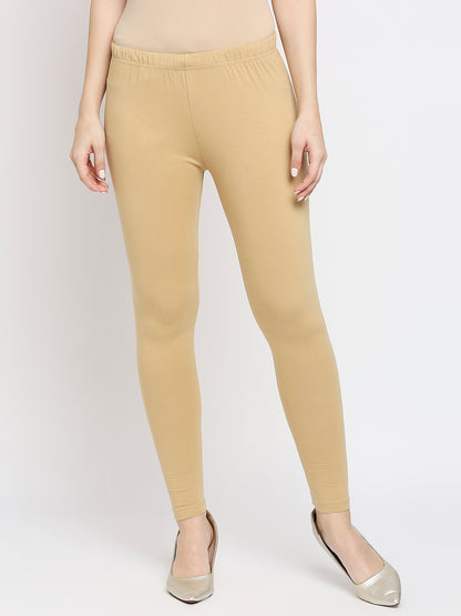 Women's Beige Cotton Lycra Solid Leggings