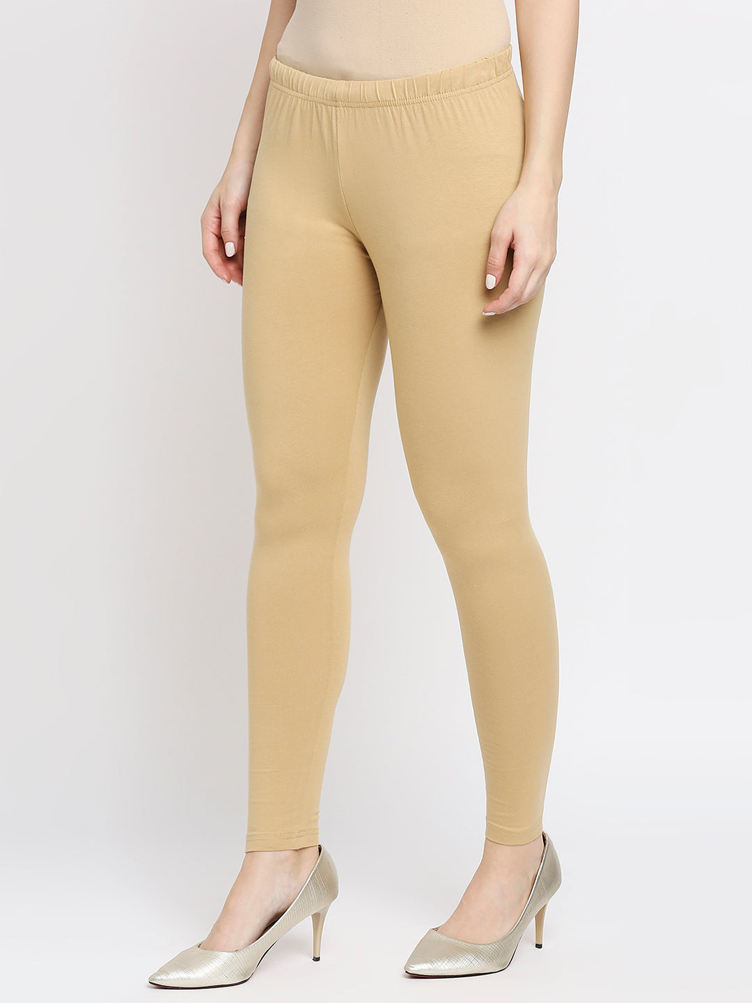 Women's Beige Cotton Lycra Solid Leggings
