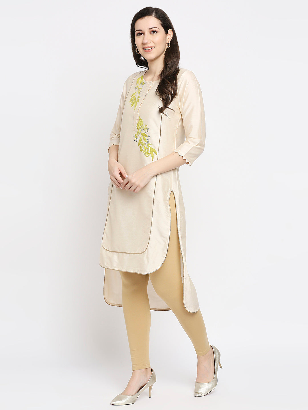 Women's Beige Cotton Lycra Solid Leggings