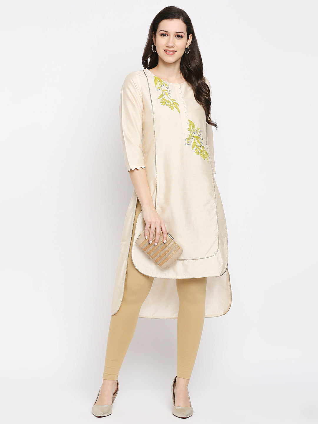 Women's Cream Polyester Spandex Solid Legging - Ethnicity India