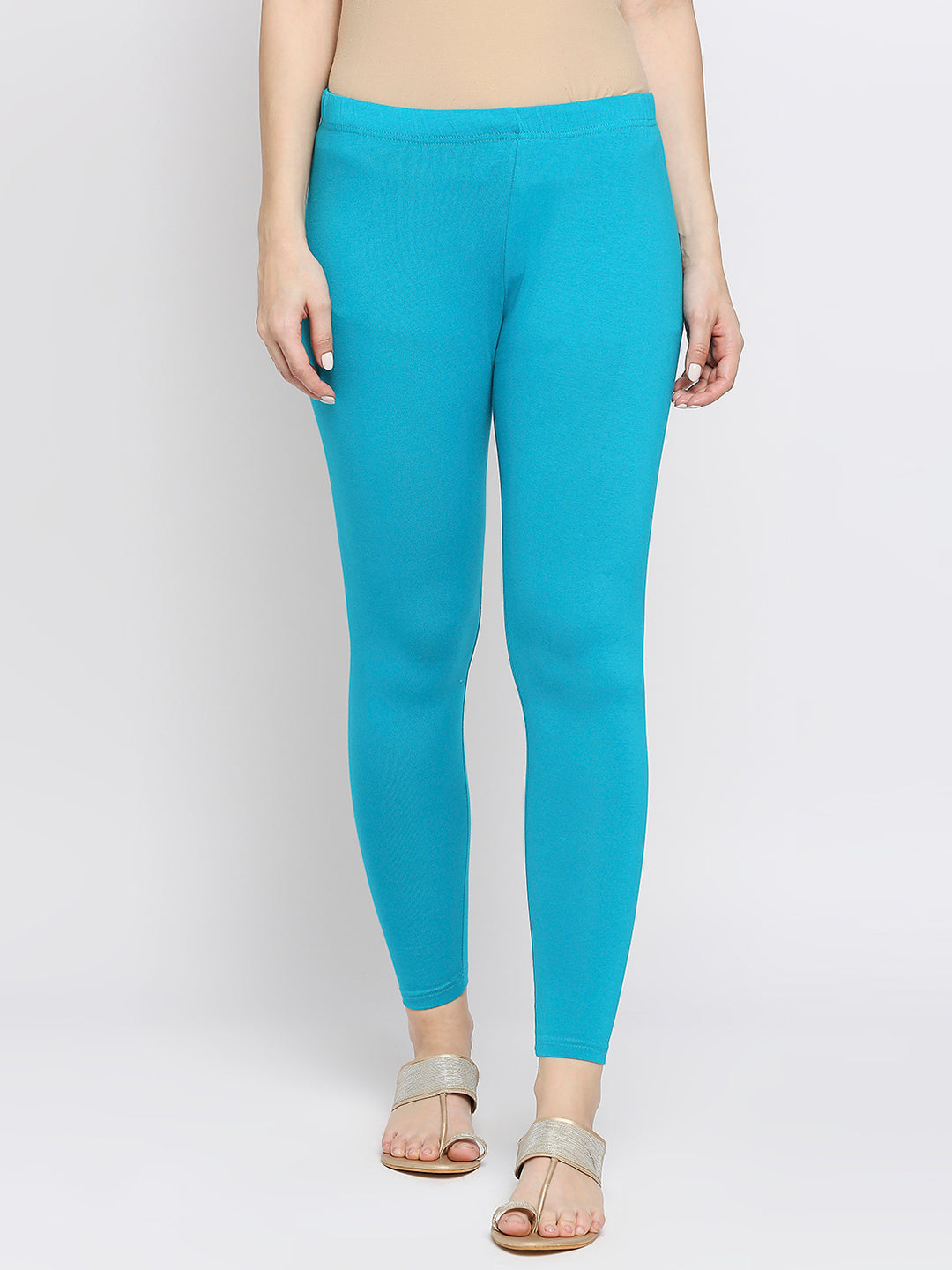 Women's Aqua Cotton Lycra Solid Leggings