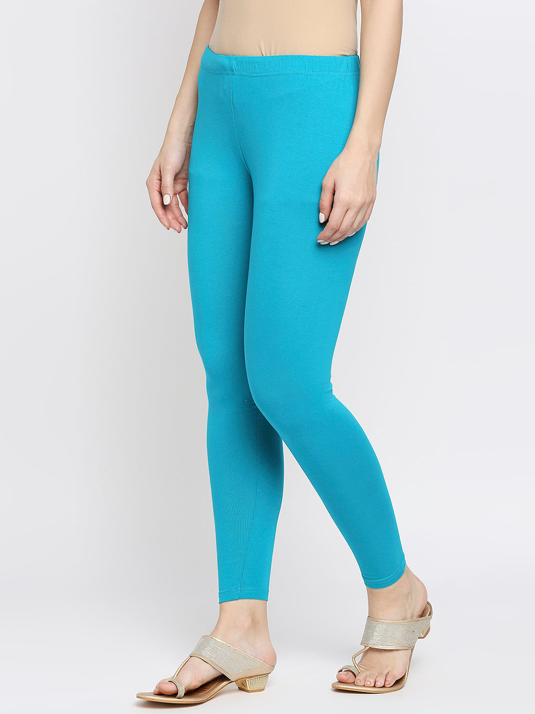 Women's Aqua Cotton Lycra Solid Leggings