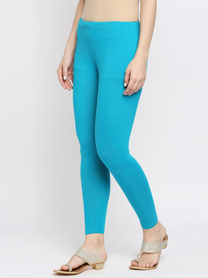 Women's Aqua Cotton Lycra Solid Leggings