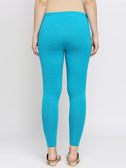 Women's Aqua Cotton Lycra Solid Leggings