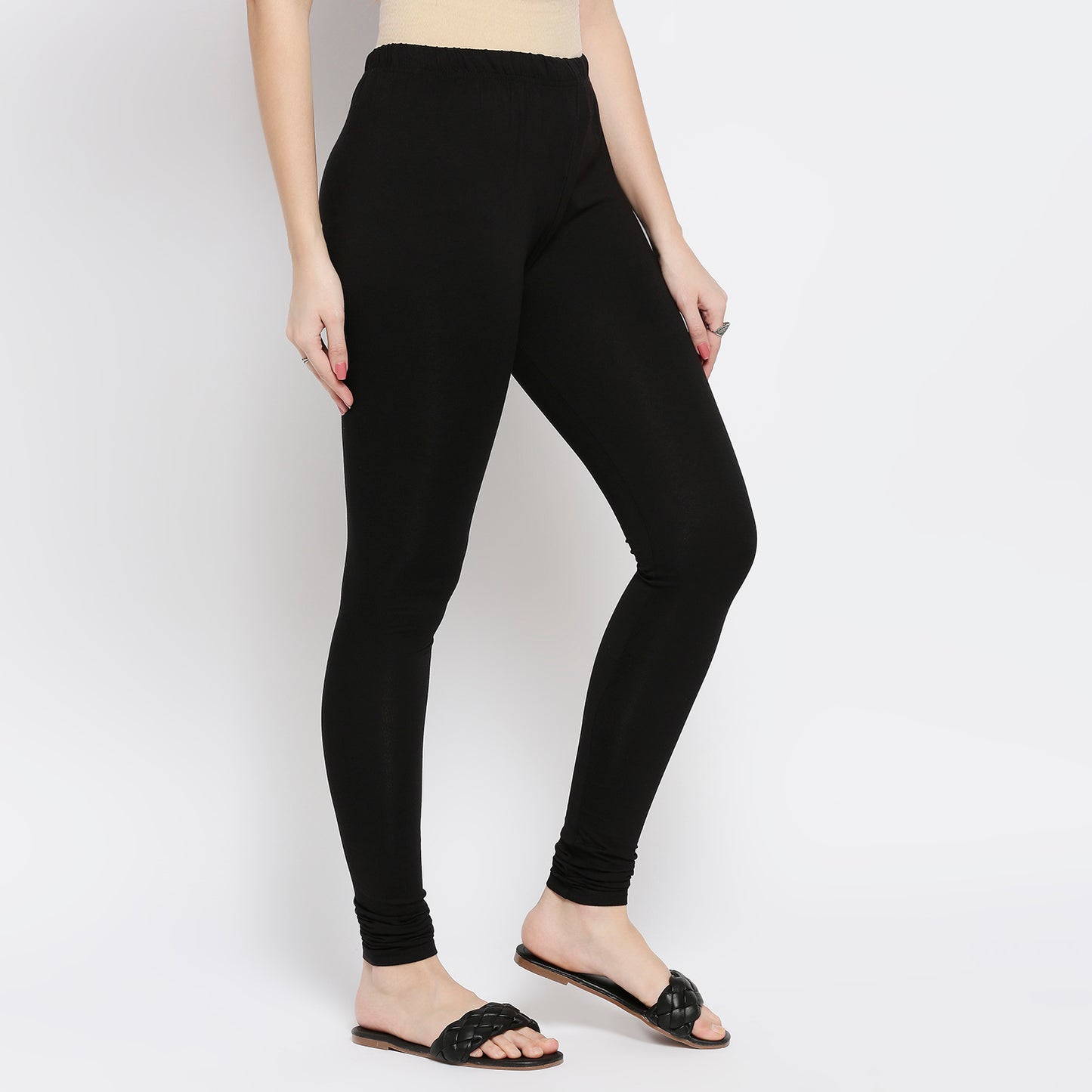 Women Black Cotton Lycra Solid Churidar