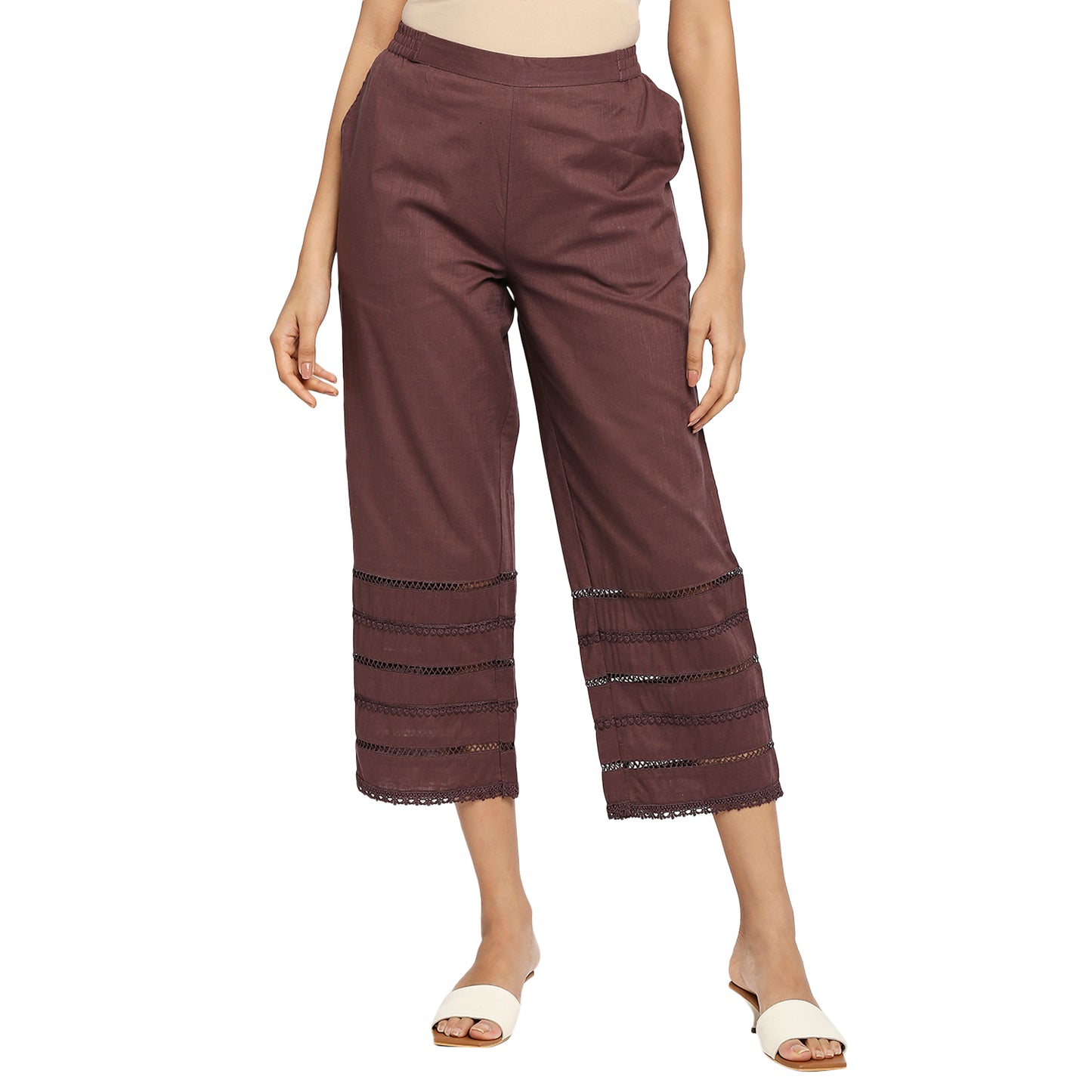 Women's Brown Cotton Self Print Pant