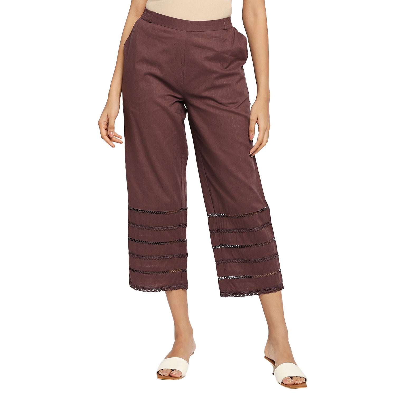 Women's Brown Cotton Self Print Pant
