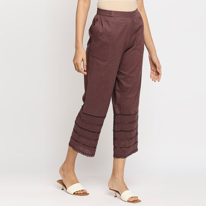 Women's Brown Cotton Self Print Pant