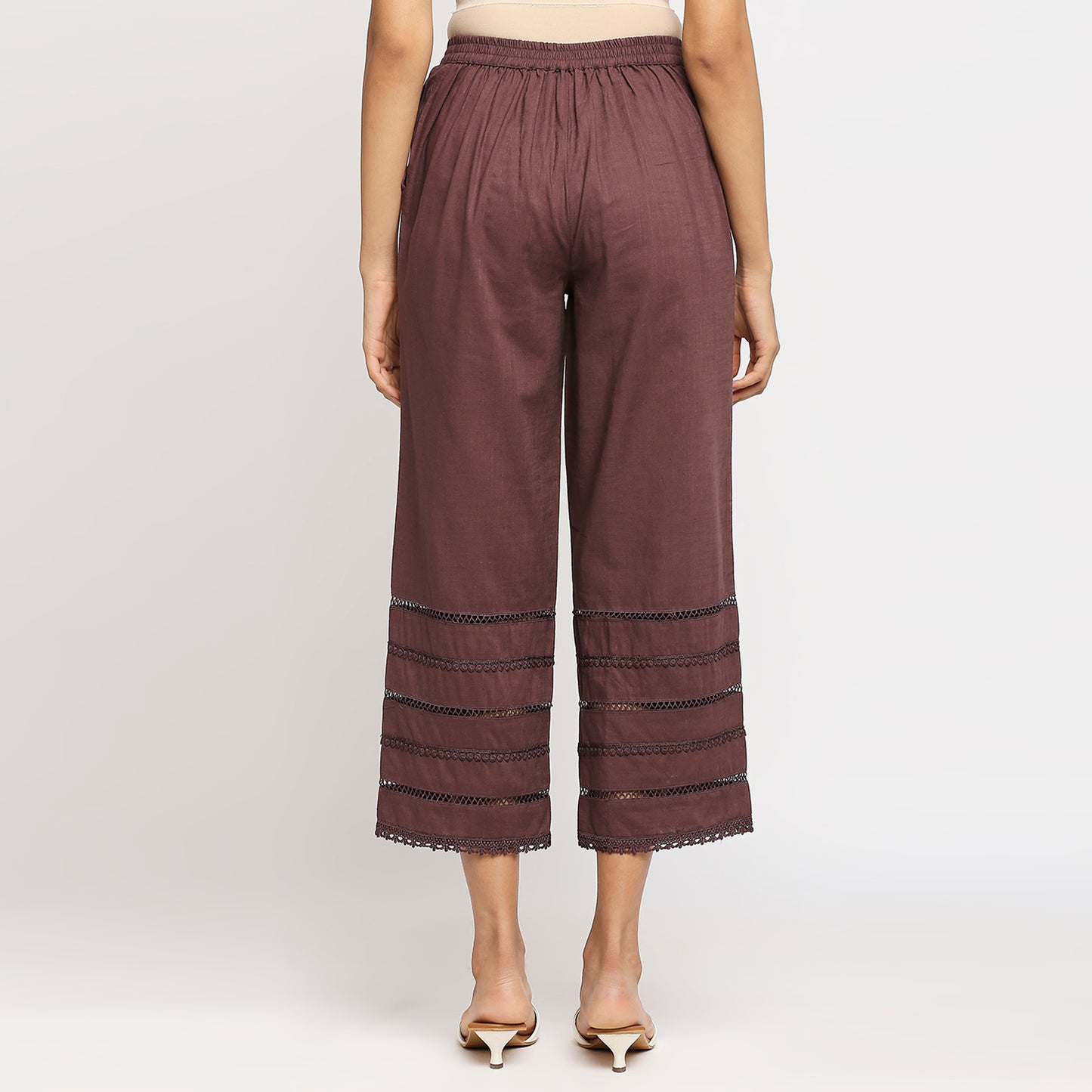 Women's Brown Cotton Self Print Pant
