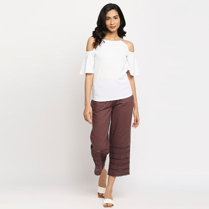 Women's Brown Cotton Self Print Pant