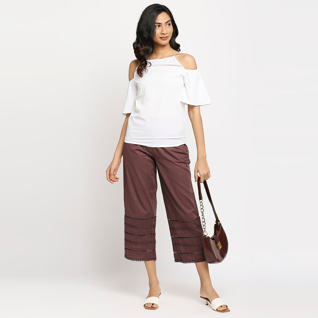 Women's Brown Cotton Self Print Pant