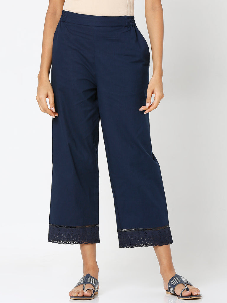Women's Navy Cotton Solid Palazzo