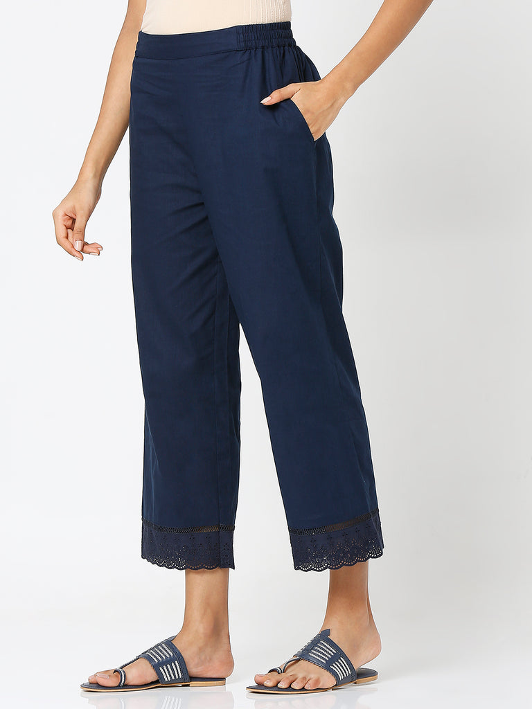 Women's Navy Cotton Solid Palazzo