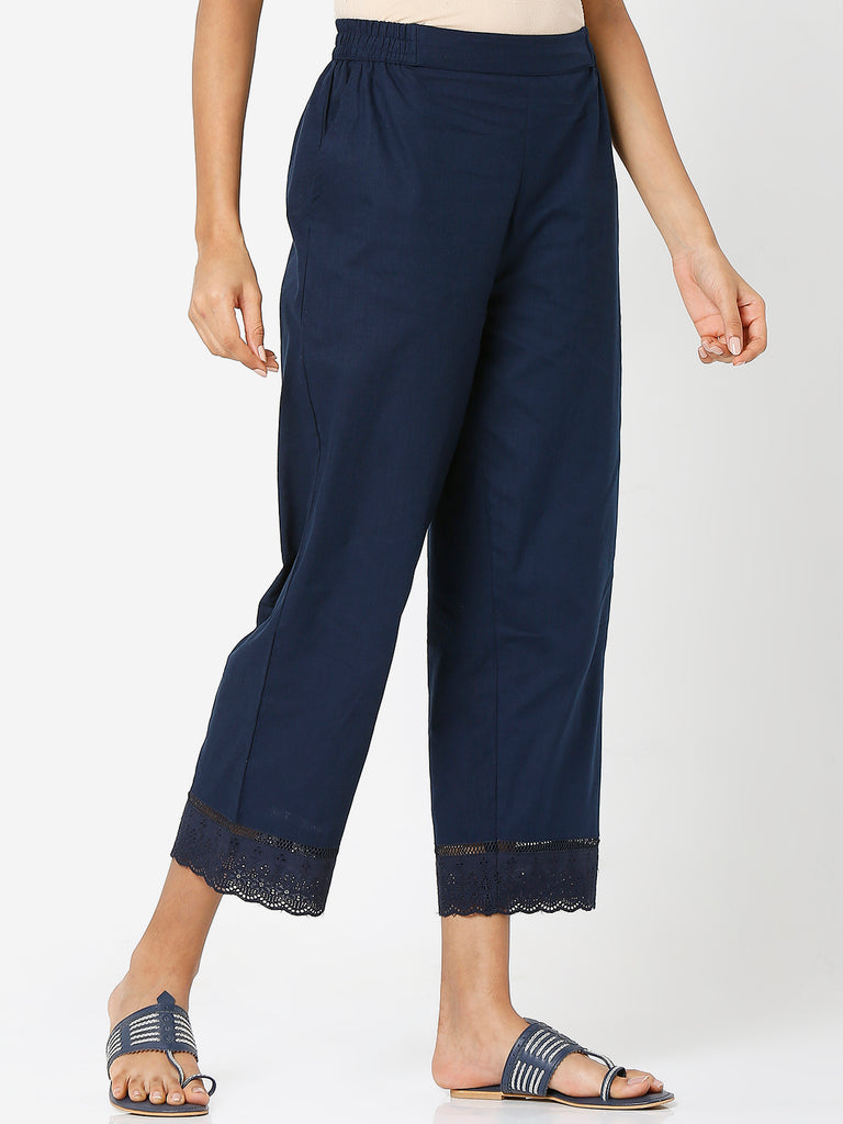 Women's Navy Cotton Solid Palazzo