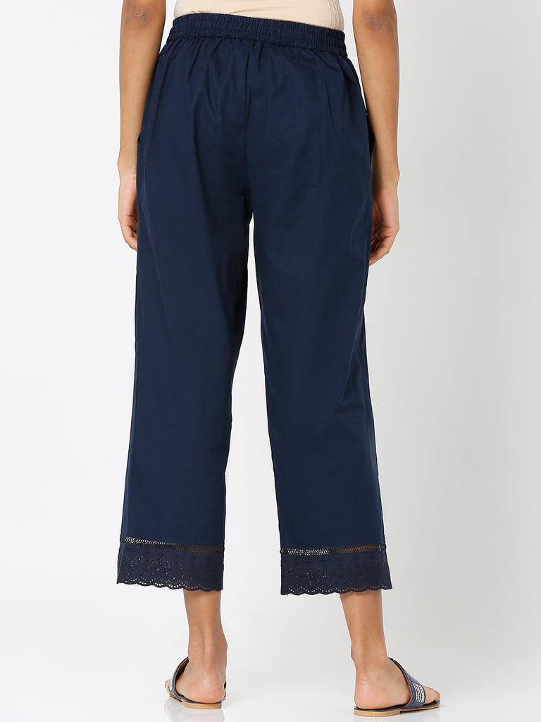 Women's Navy Cotton Solid Palazzo