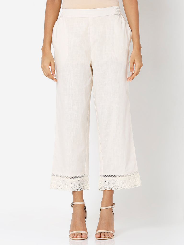 Women's Cream Cotton Solid Palazzo