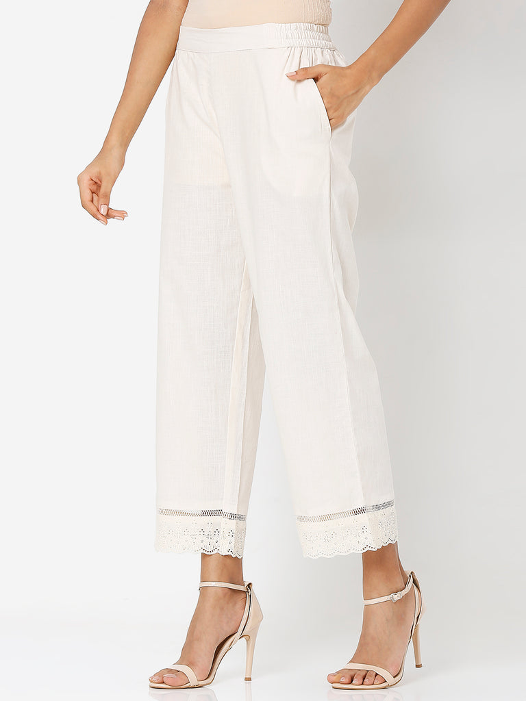 Women's Cream Cotton Solid Palazzo