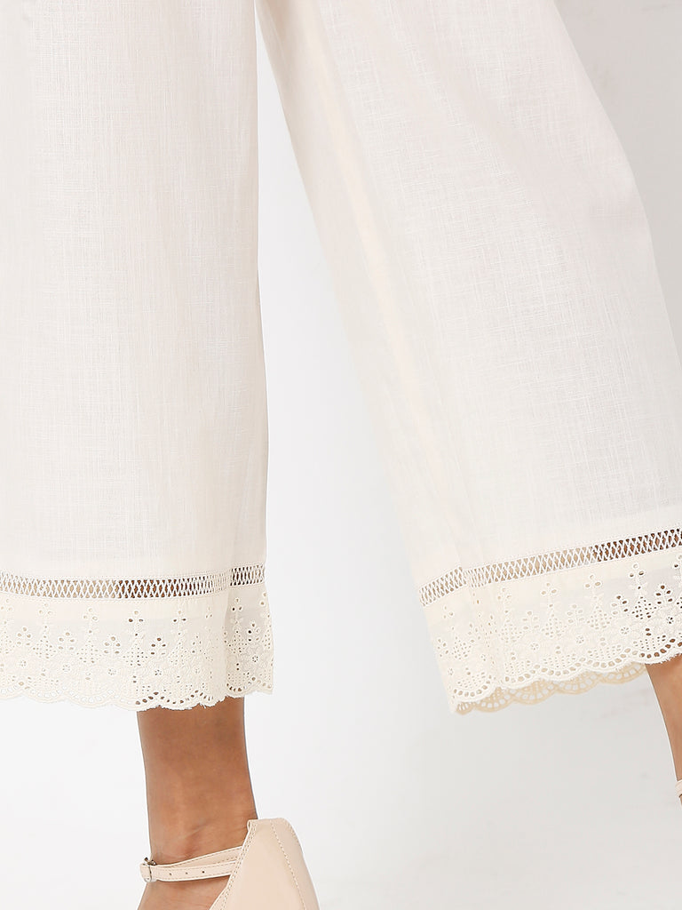 Women's Cream Cotton Solid Palazzo