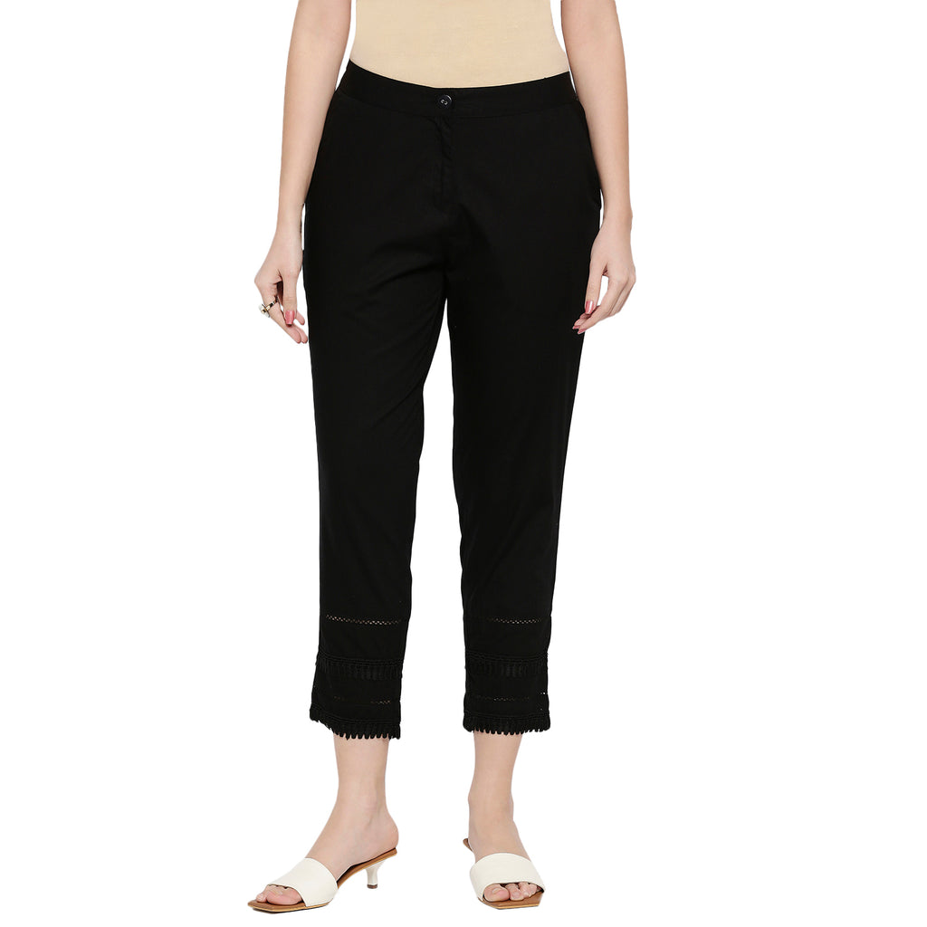 Women's Black Cotton Self Print Pant