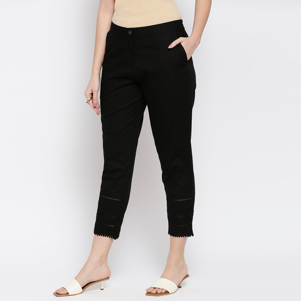 Women's Black Cotton Self Print Pant