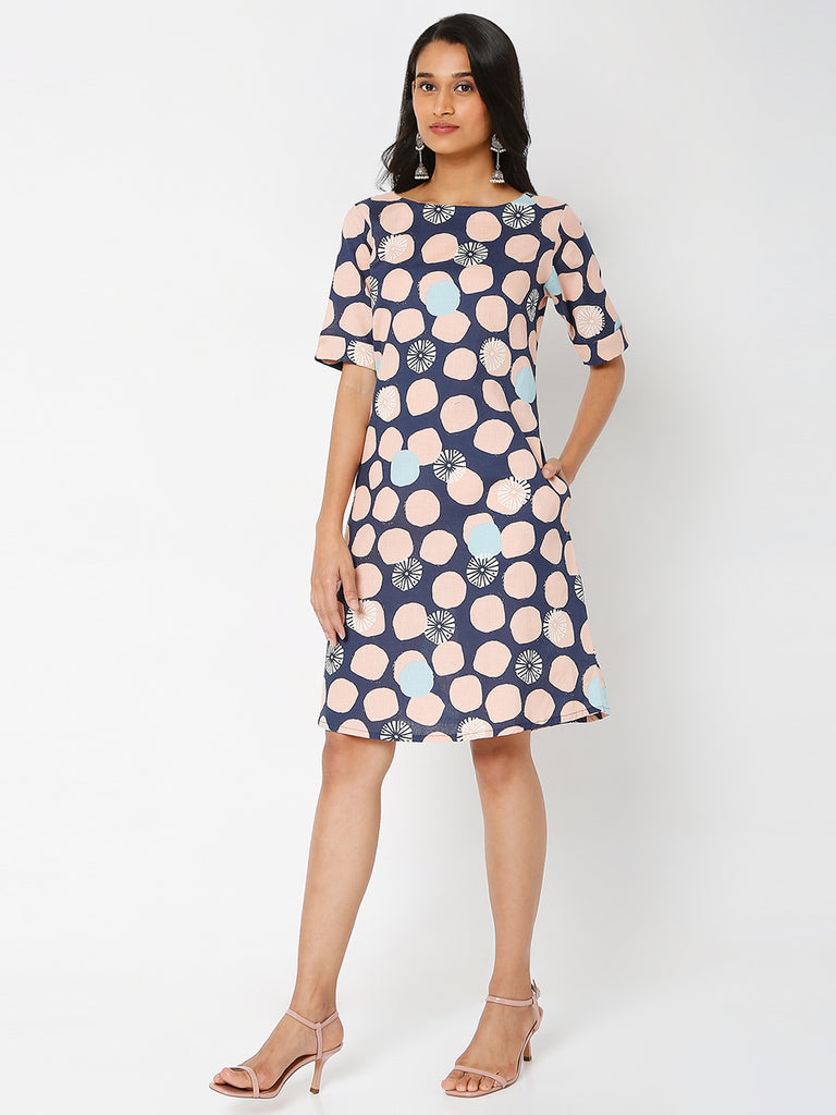 Women's Pink Cotton Flax Printed Dress