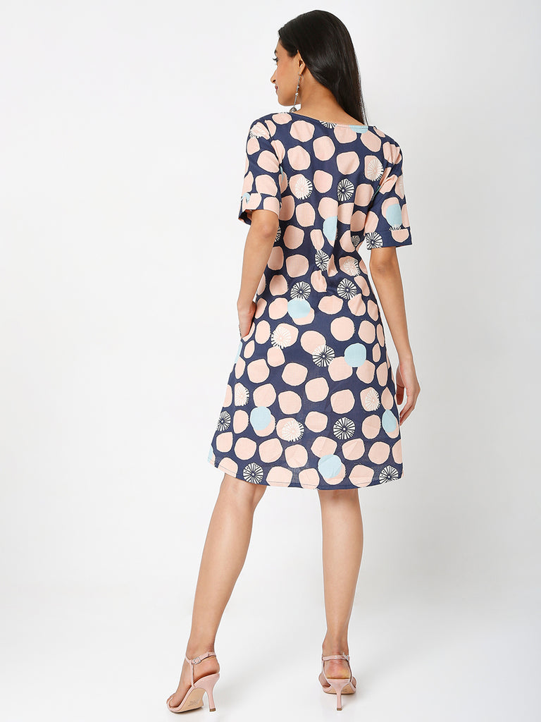 Women's Pink Cotton Flax Printed Dress