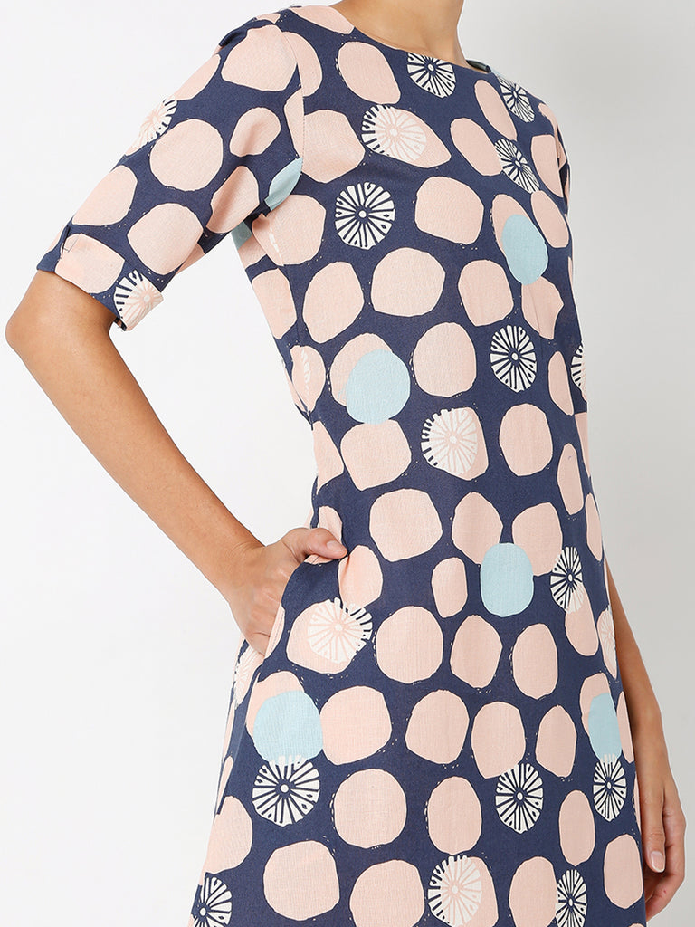 Women's Pink Cotton Flax Printed Dress