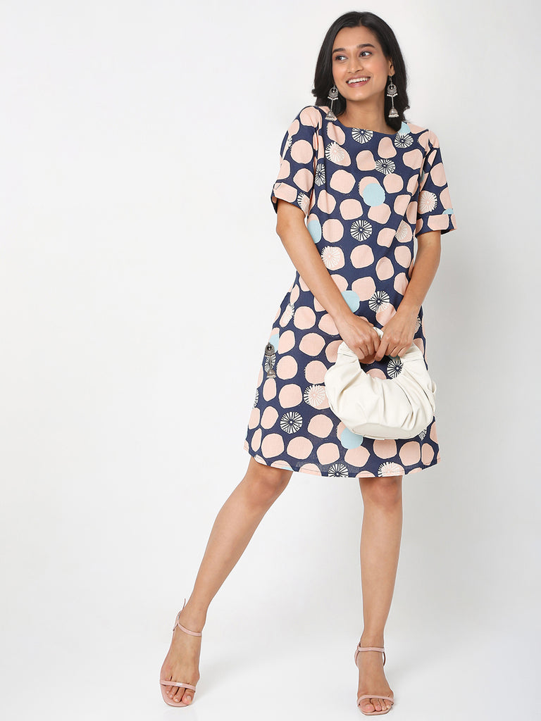 Women's Pink Cotton Flax Printed Dress