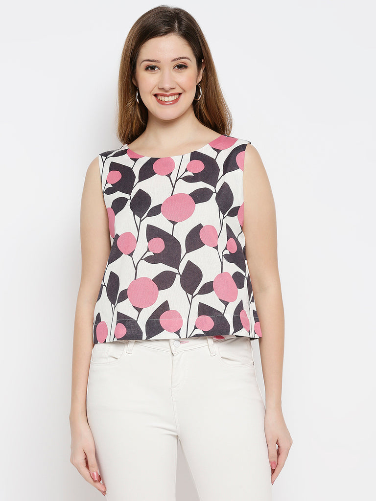 Women Pink Cotton Flax Printed Crop Top
