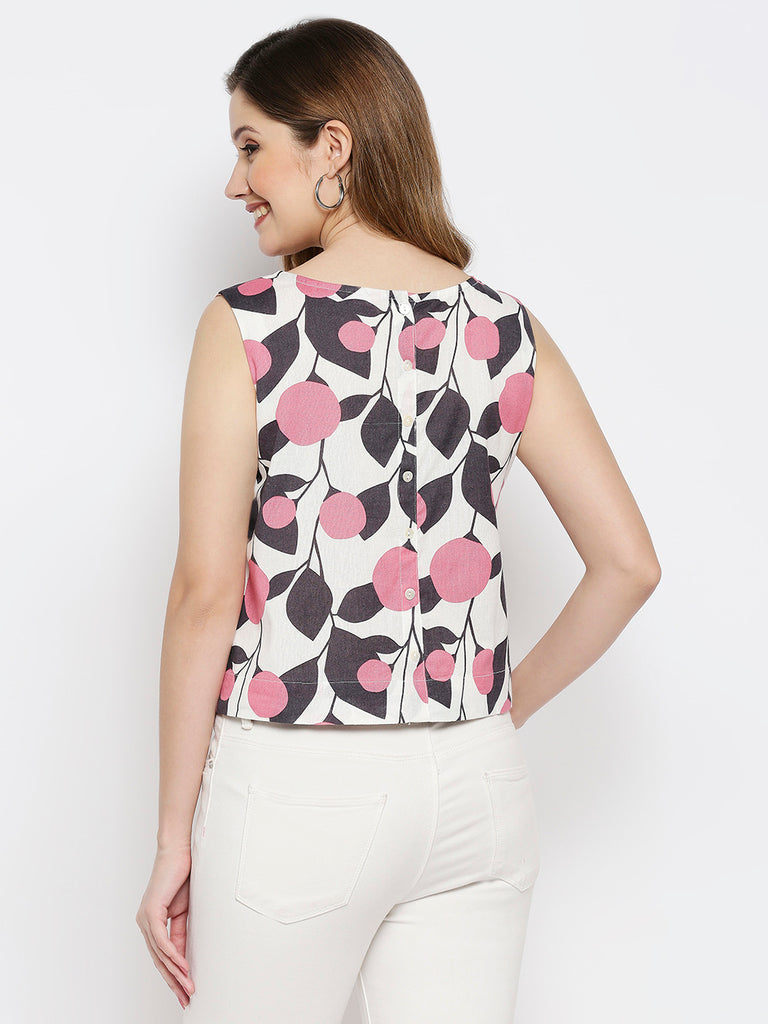 Women Pink Cotton Flax Printed Crop Top