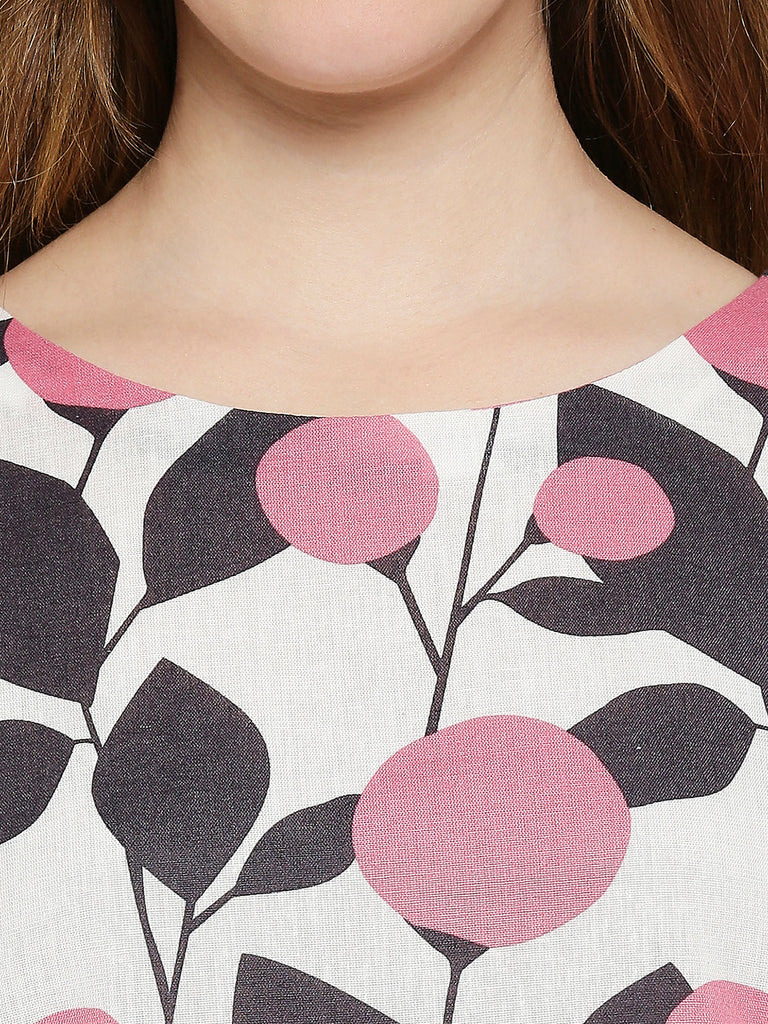 Women Pink Cotton Flax Printed Crop Top