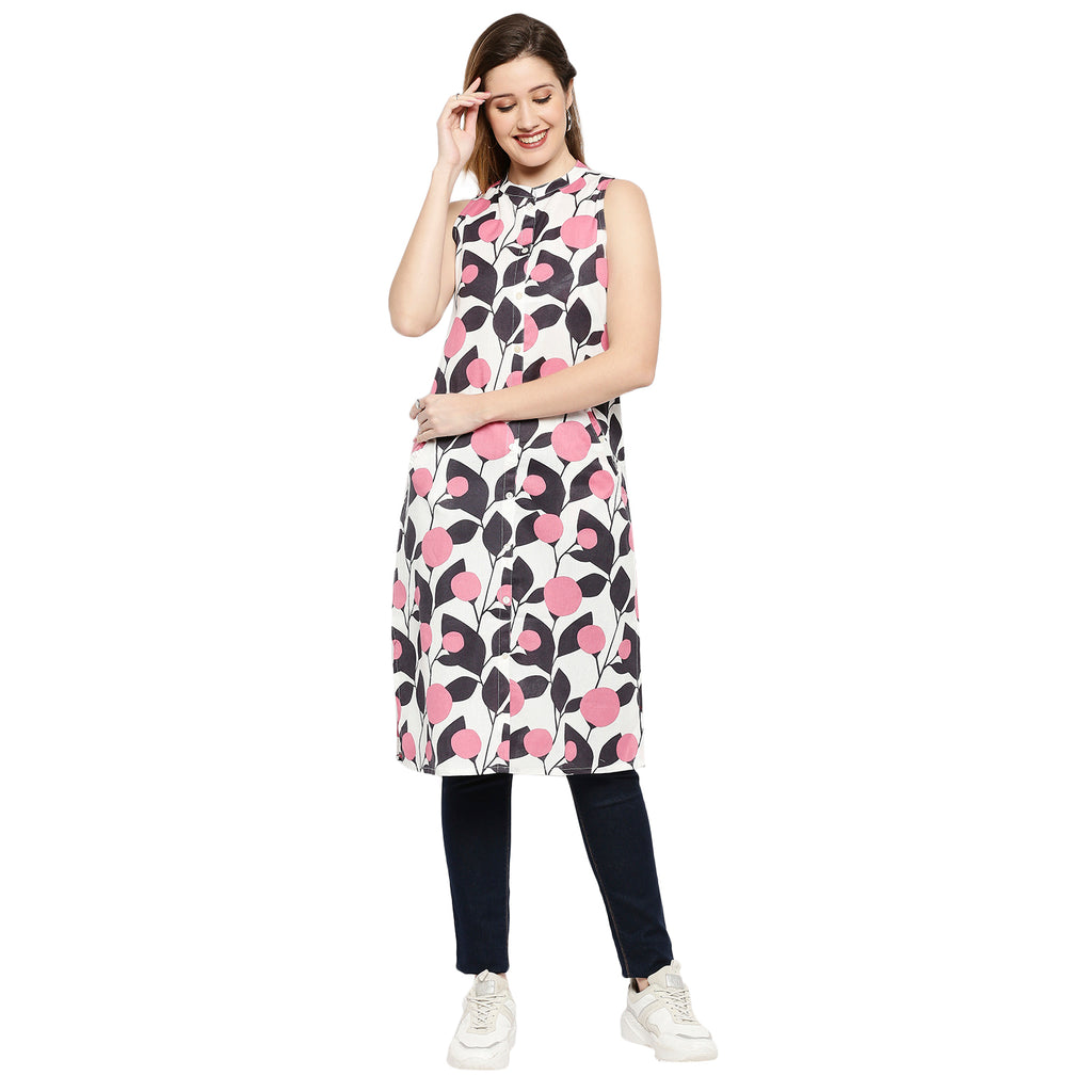 Women's Pink Cotton Flax Printed Kurta